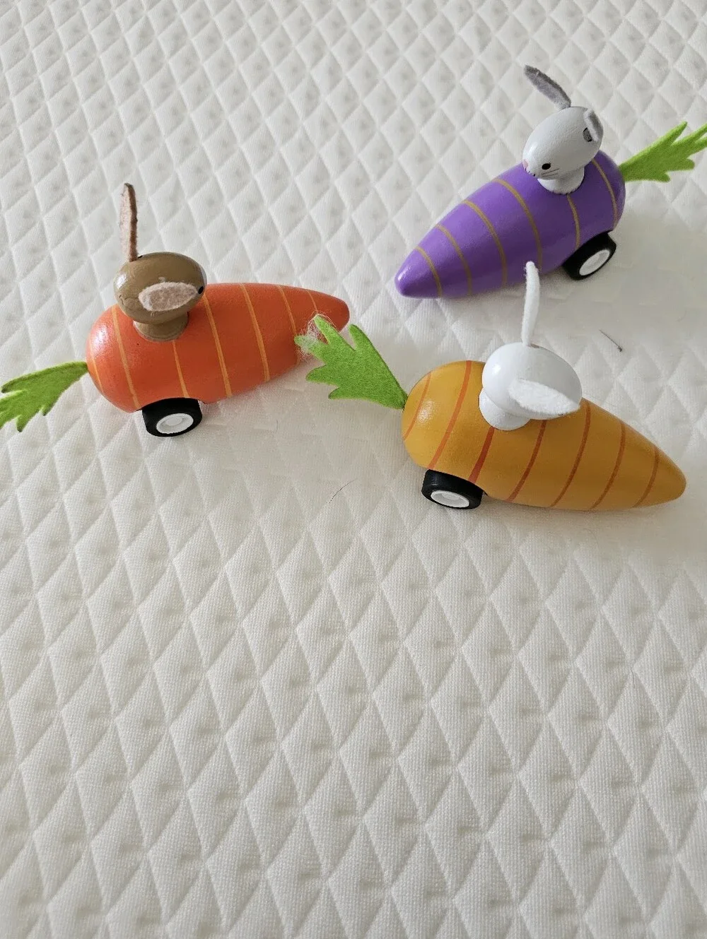 3 Wooden Bunny Carrot Pull Back Racers Easter Spring Toy Decor Set Tested Works